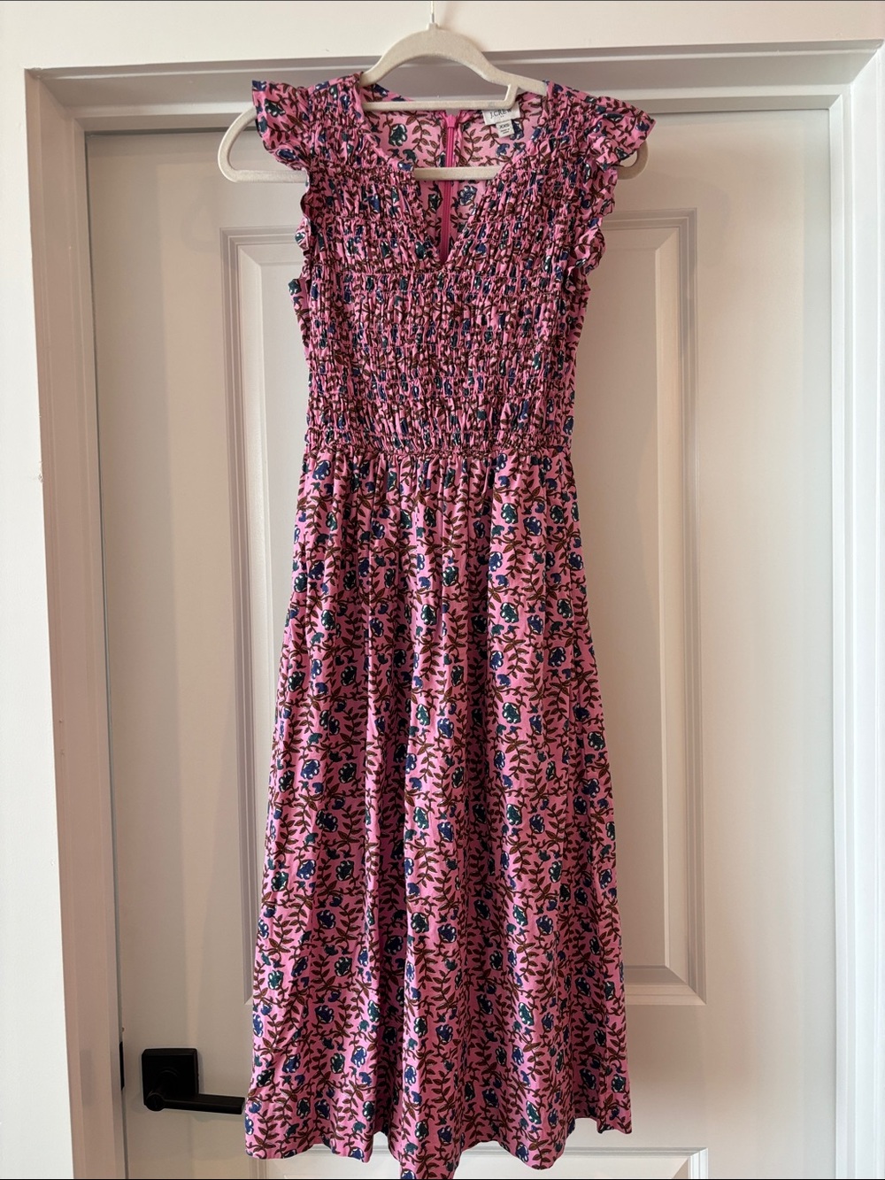 J. Crew Pink Floral Smocked Midi Dress with Navy Accents